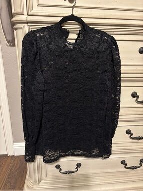 Black Lace Long-Sleeve Women's Blouse - Timeless Semi-Sheer Top